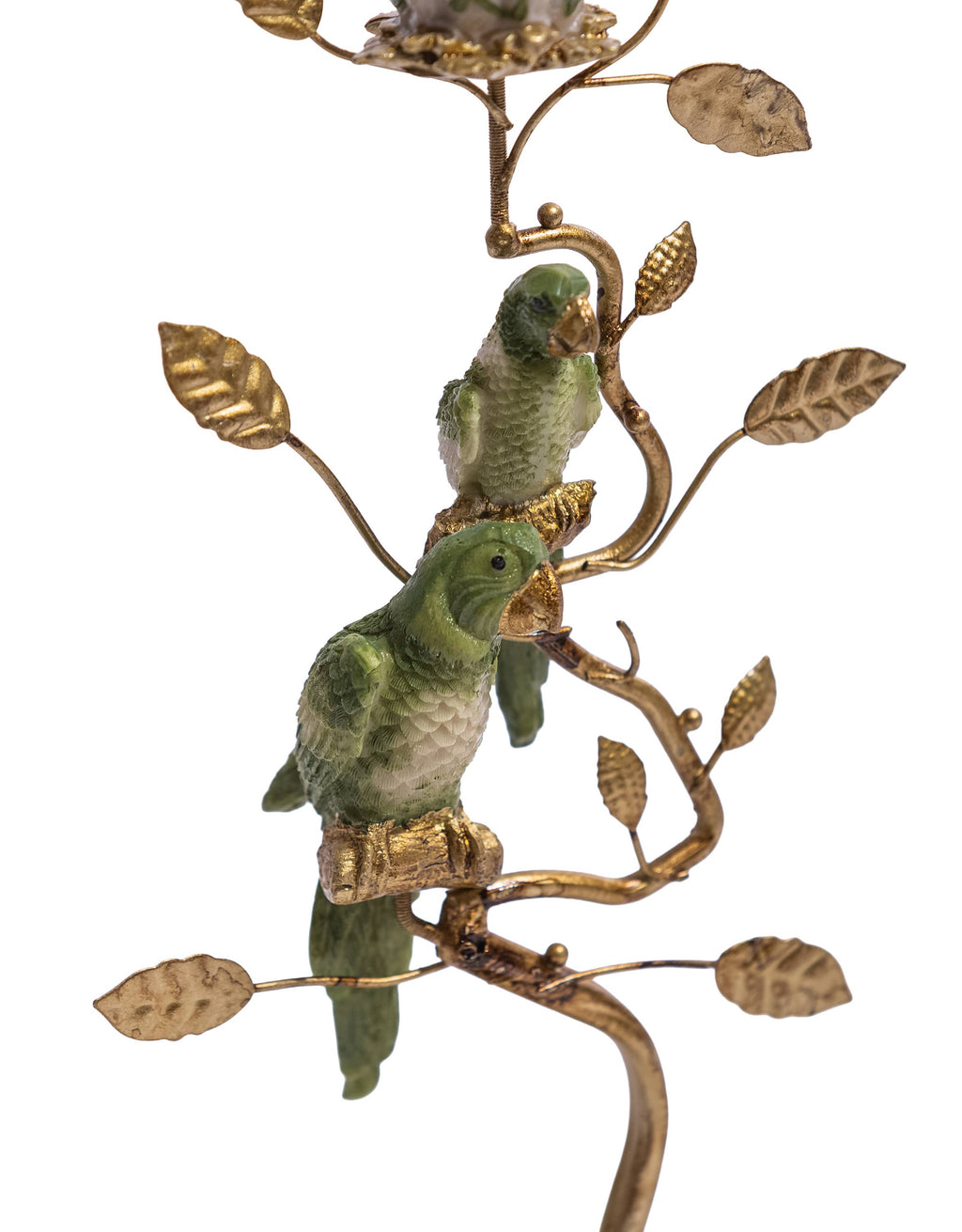 Dekorativ lysestake med grønn og gullfarget papegøye