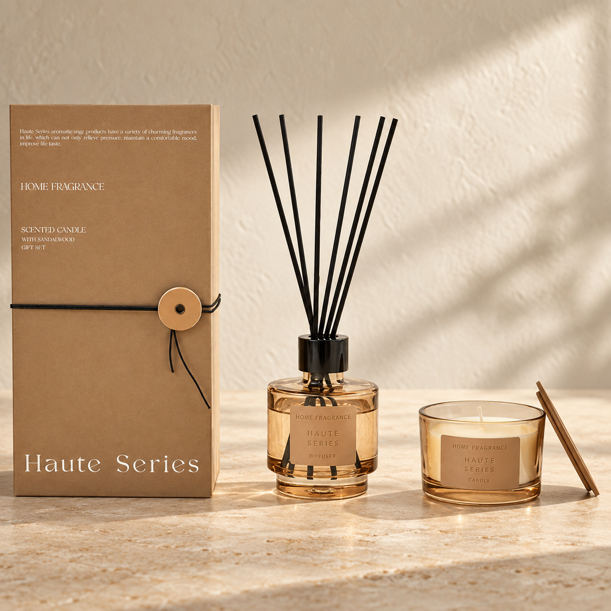 Bella White Sandalwood – gavesett med duftlys og duftpinner i lune beige omgivelser