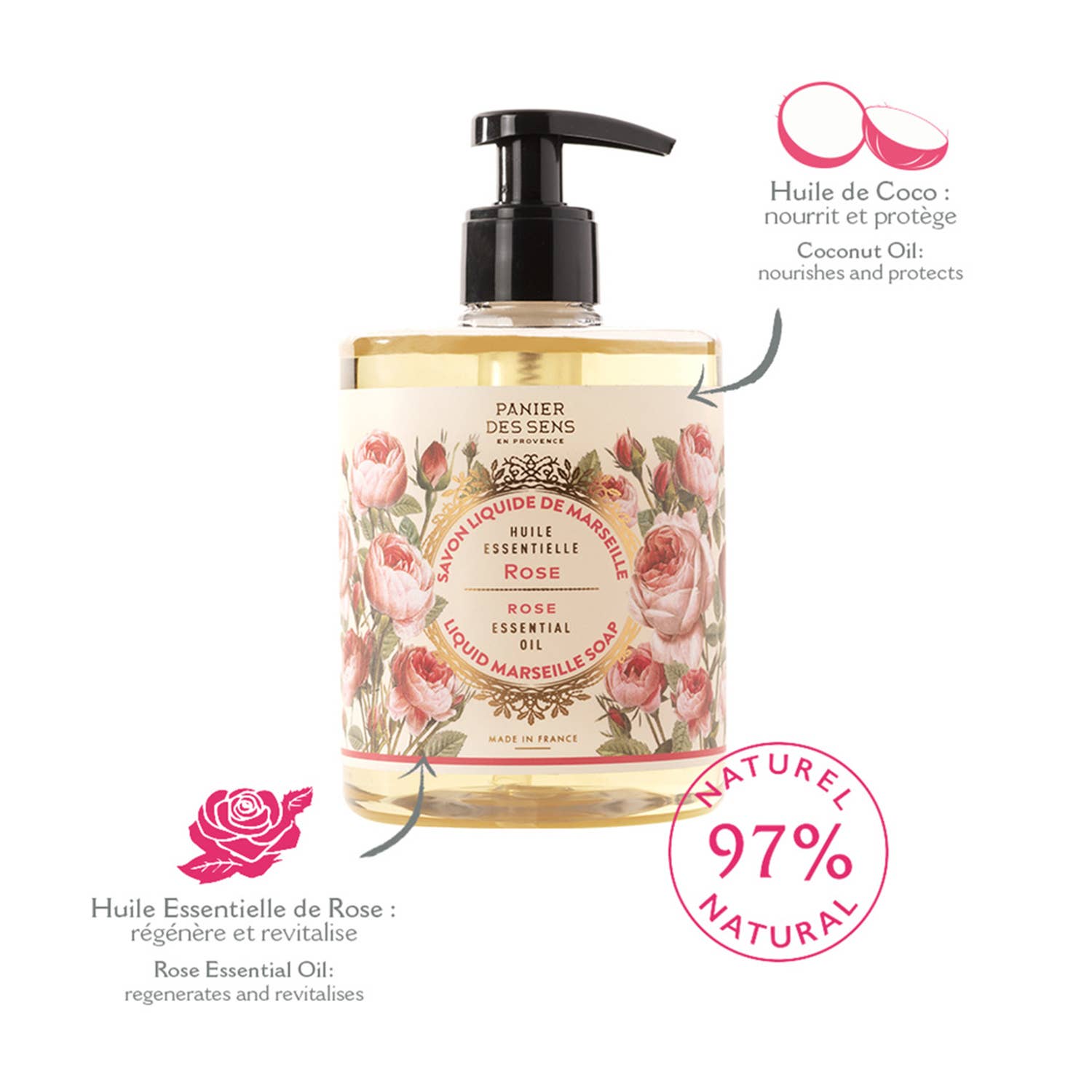 Panier des Sens – flytende Marseille-såpe 500 ml - Rose