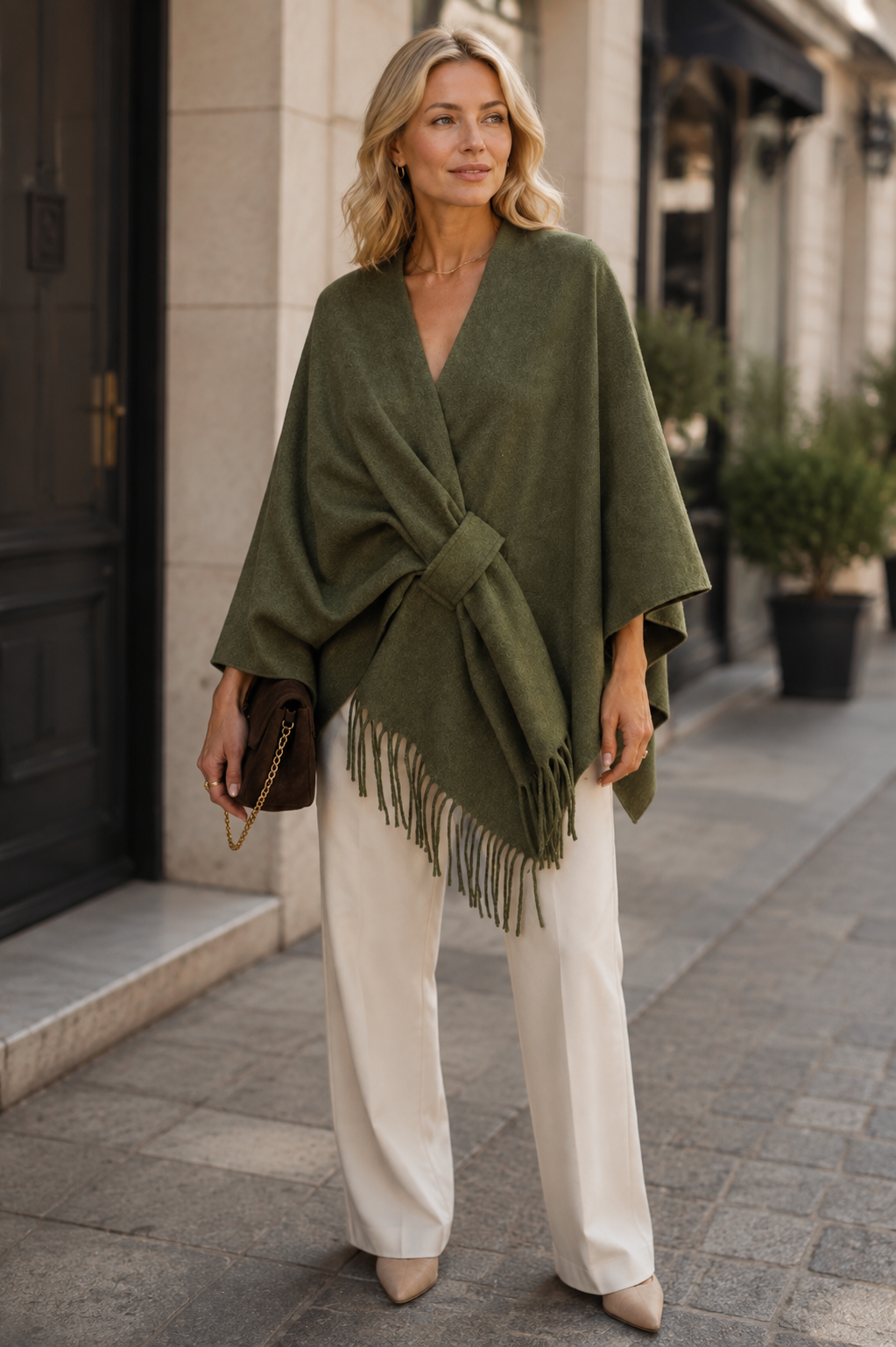 Joy’s Farfalla olivengrønn poncho med belte og frynser