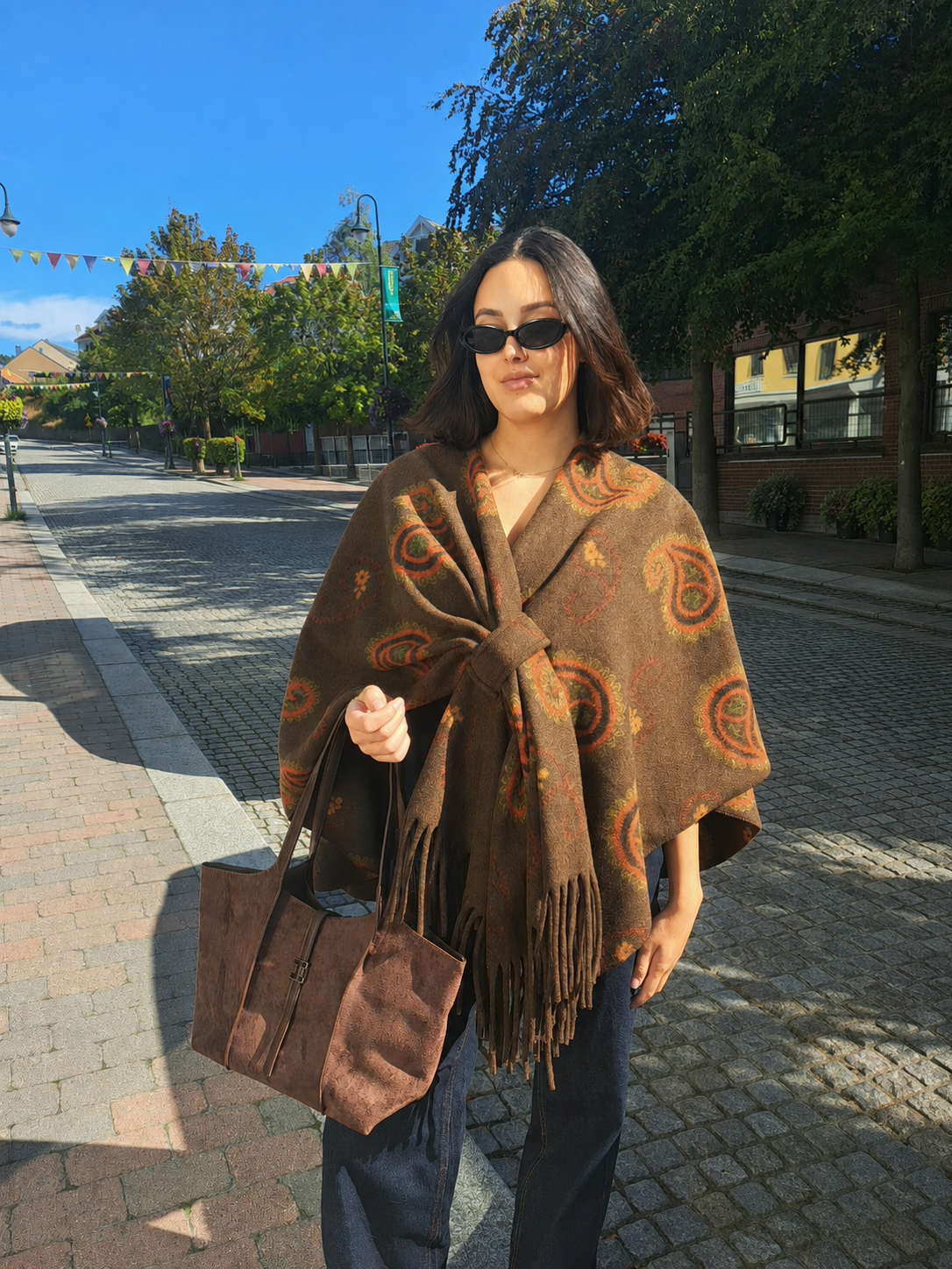 Mønstret cape/poncho i ullblanding